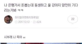 은행 돈 뽑는데 동생이랑 강아지 기다리는거봐